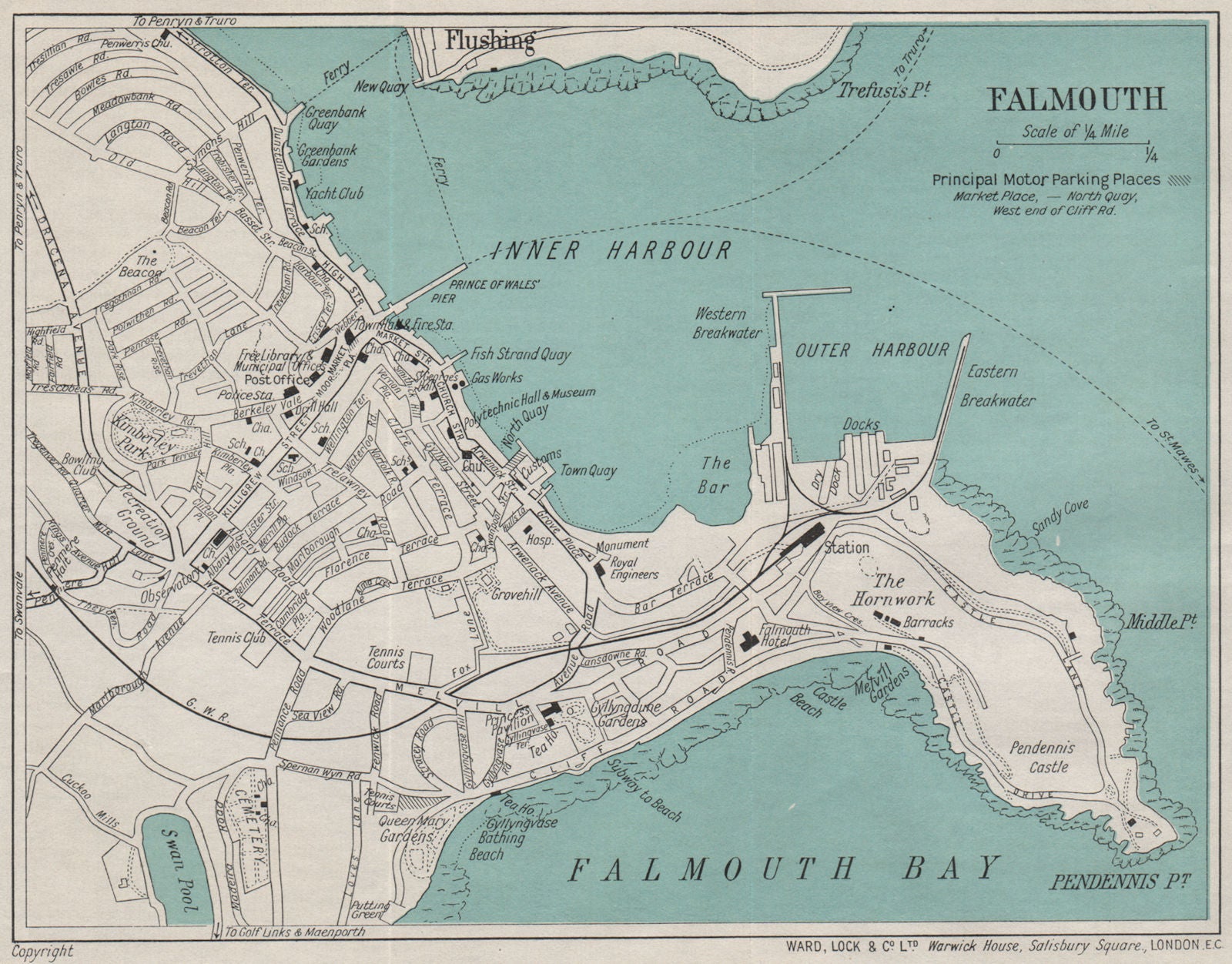FALMOUTH vintage city/town plan. Cornwall. WARD LOCK 1935 old vintage map